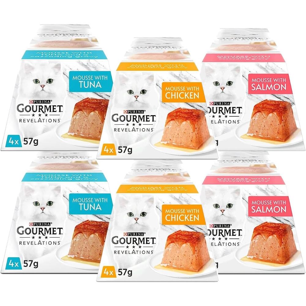 Gourmet Revelations cat food packets with tuna, chicken, and salmon flavors on a white background.