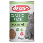 Can of Groovy Classic Pété Chicken cat food with a cat on the label