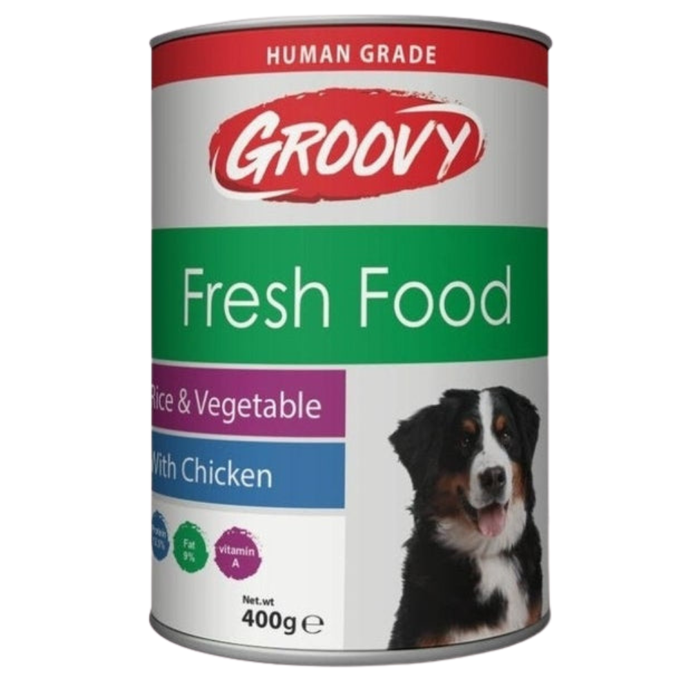 Can of Groovy Fresh Food for dogs with a dog on the label