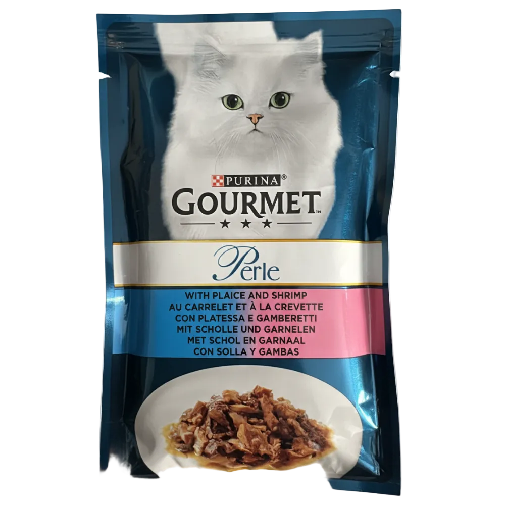 Purina Gourmet Perle cat food package with a white cat on the label.