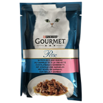 Purina Gourmet Perle cat food package with a white cat on the label.