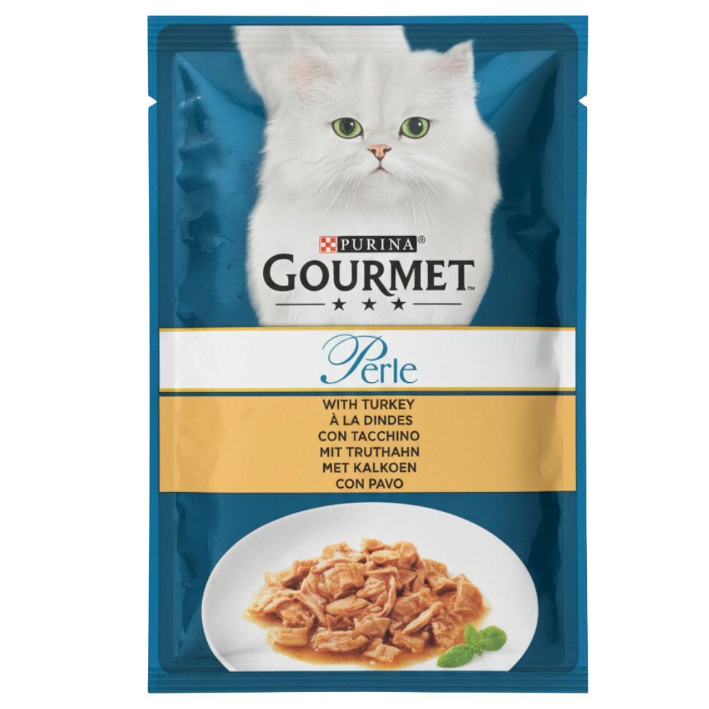 Purina Gourmet Perle cat food packet with a white cat on the label