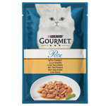 Purina Gourmet Perle cat food packet with a white cat on the label