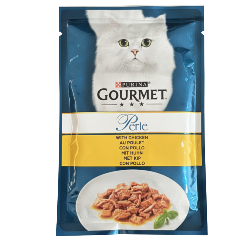 Purina Gourmet Perle cat food packet with a white cat on the label