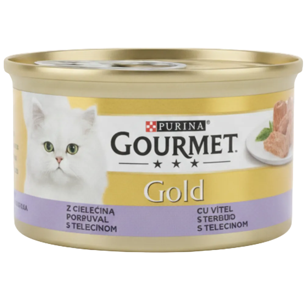 Gourmet Gold cat food can with a white cat on the label