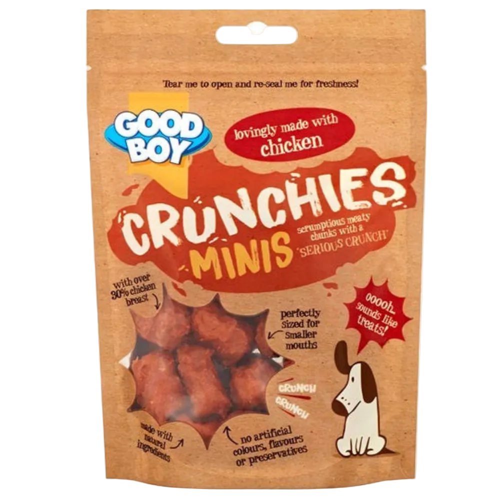 Good Boy Crunchies Minis dog treat package on a white background