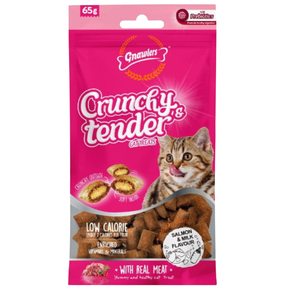 Gnawers Crunchy & Tender cat treats packaging with a pink background and cat illustration.