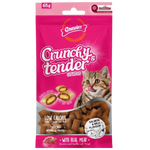 Gnawers Crunchy & Tender cat treats packaging with a pink background and cat illustration.