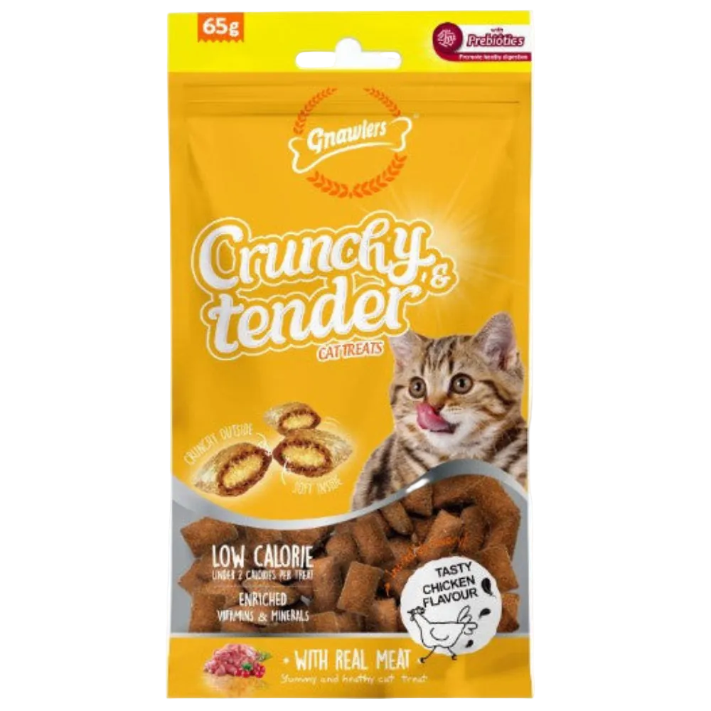 Packaging of Growlers Crunchy & Tender cat treats with a cat on the label.