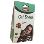Groovy Cat Snack Salmon package with a woman holding a cat on a white background