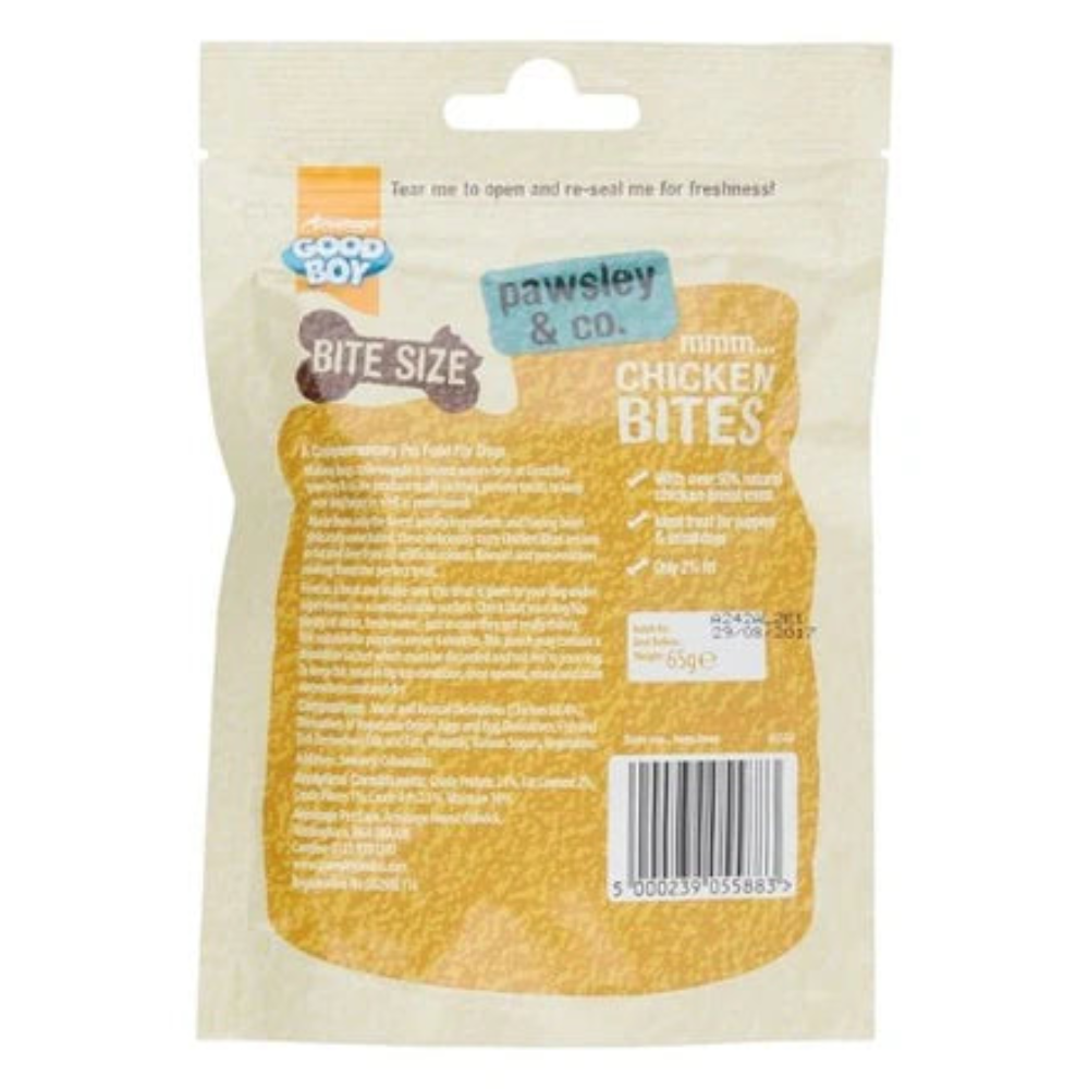 Package of Good Boy Chicken Bites for dogs on a white background