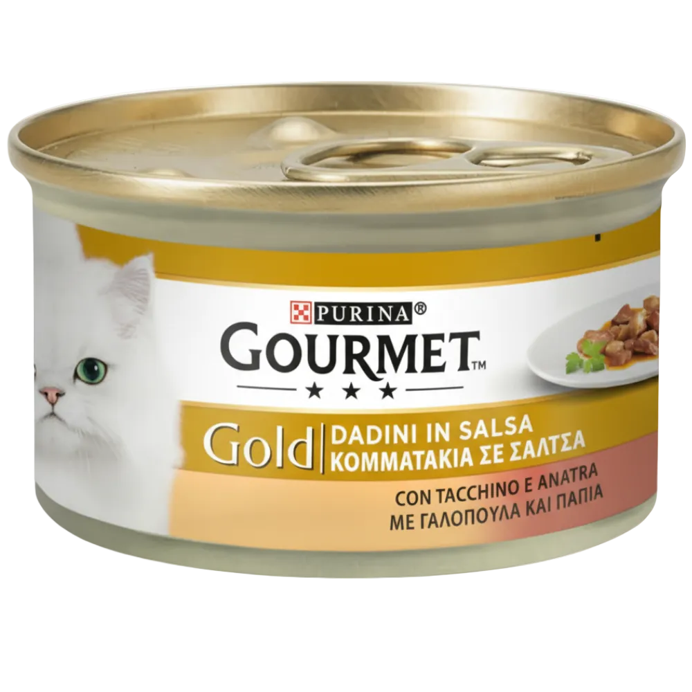 Purina Gourmet Gold cat food can with gold lid on a white background