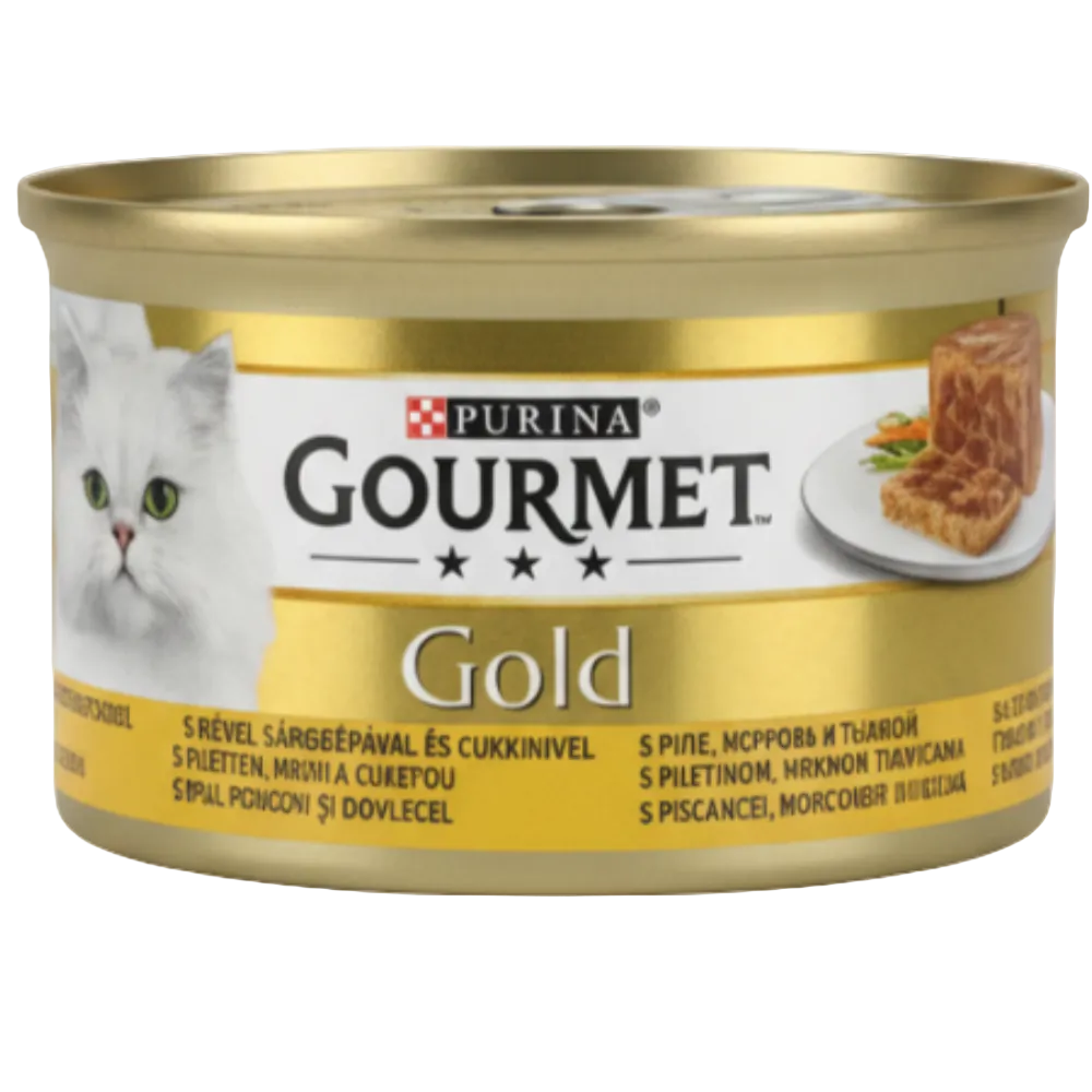 Purina Gourmet Gold cat food can on a white background