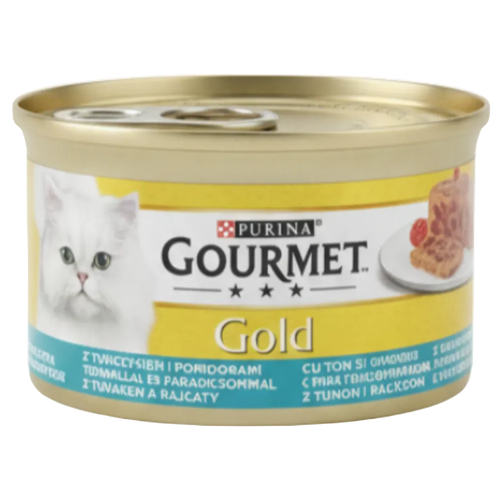 Can of Purina Gourmet Gold cat food on a white background