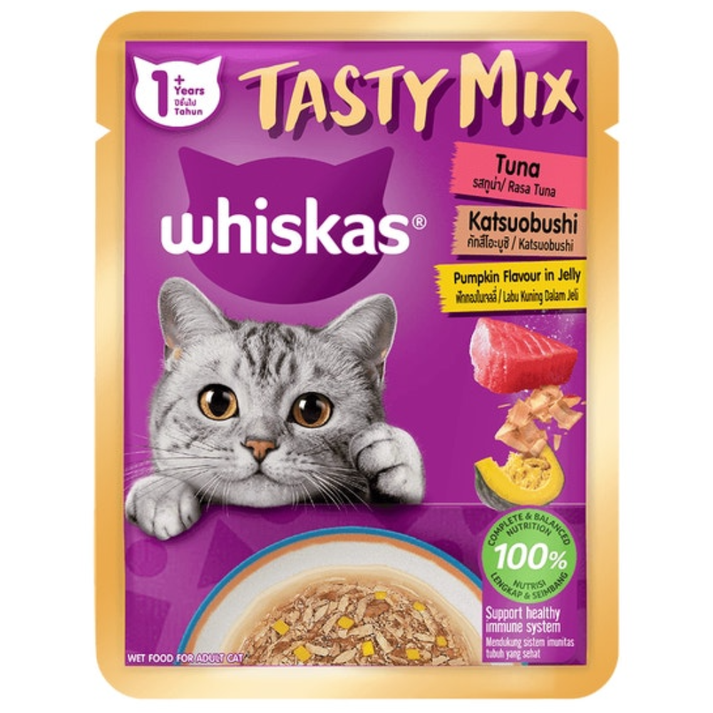 Whiskas Tasty Mix cat food pouch with a purple background and cat illustration.
