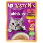 Whiskas Tasty Mix cat food pouch with a purple background and cat illustration.