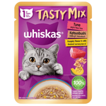 Whiskas Tasty Mix cat food pouch with a purple background and cat illustration.