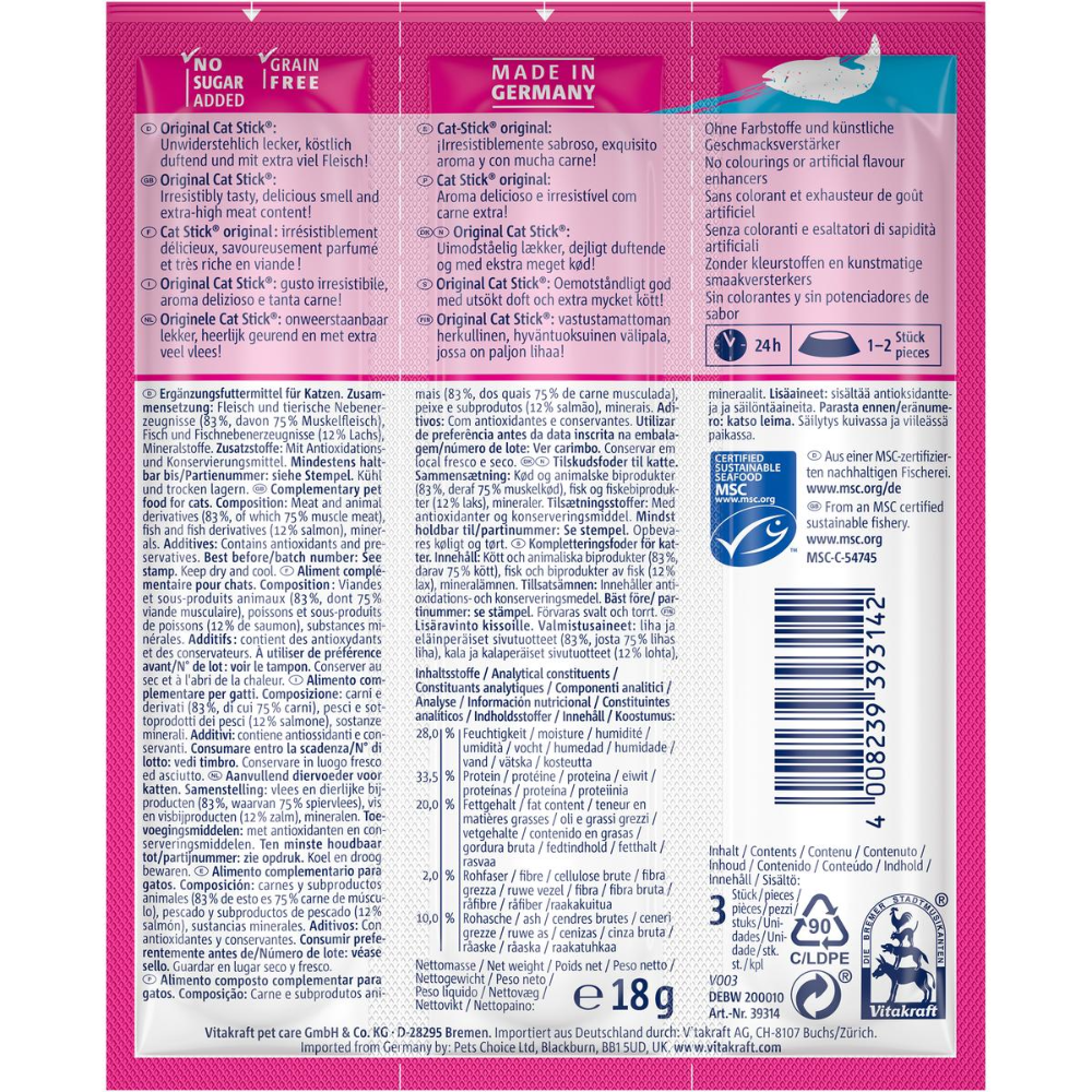 Back of a pink pet food packaging with text and logos