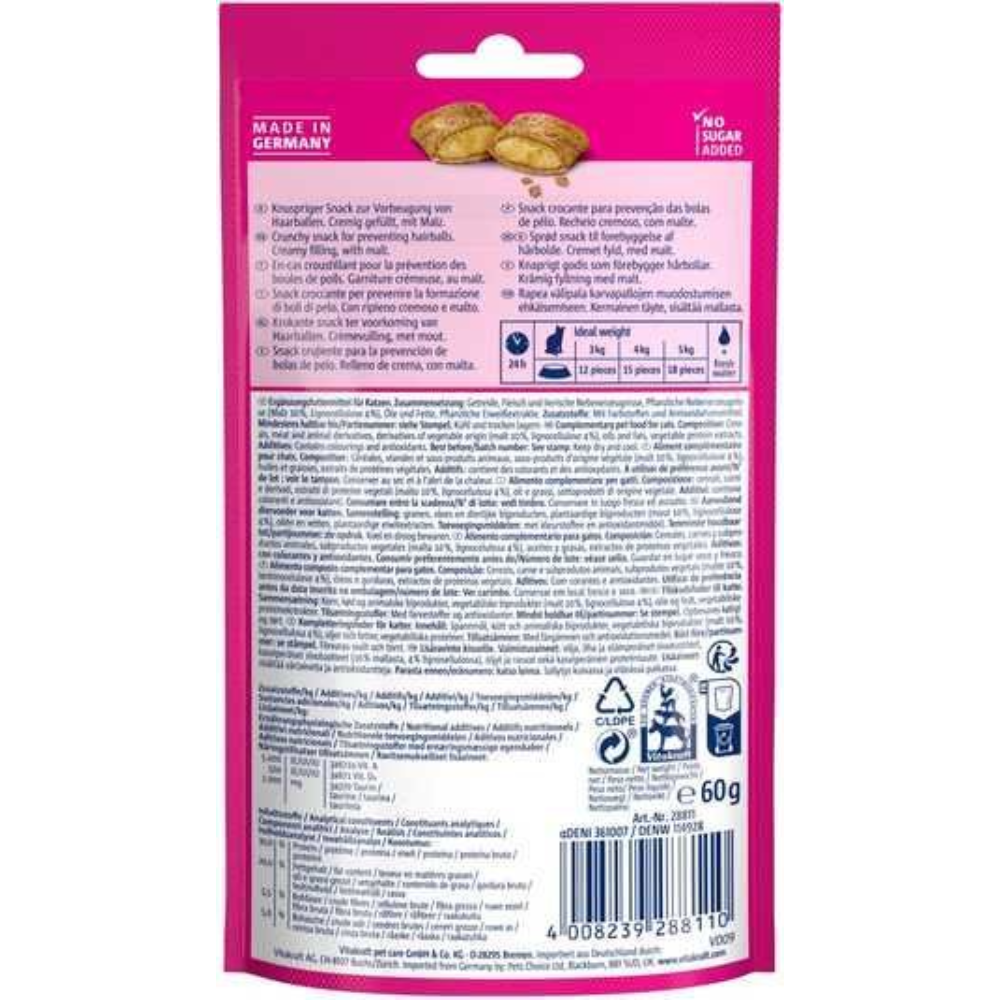 Back view of a snack package with text and product images on a white background