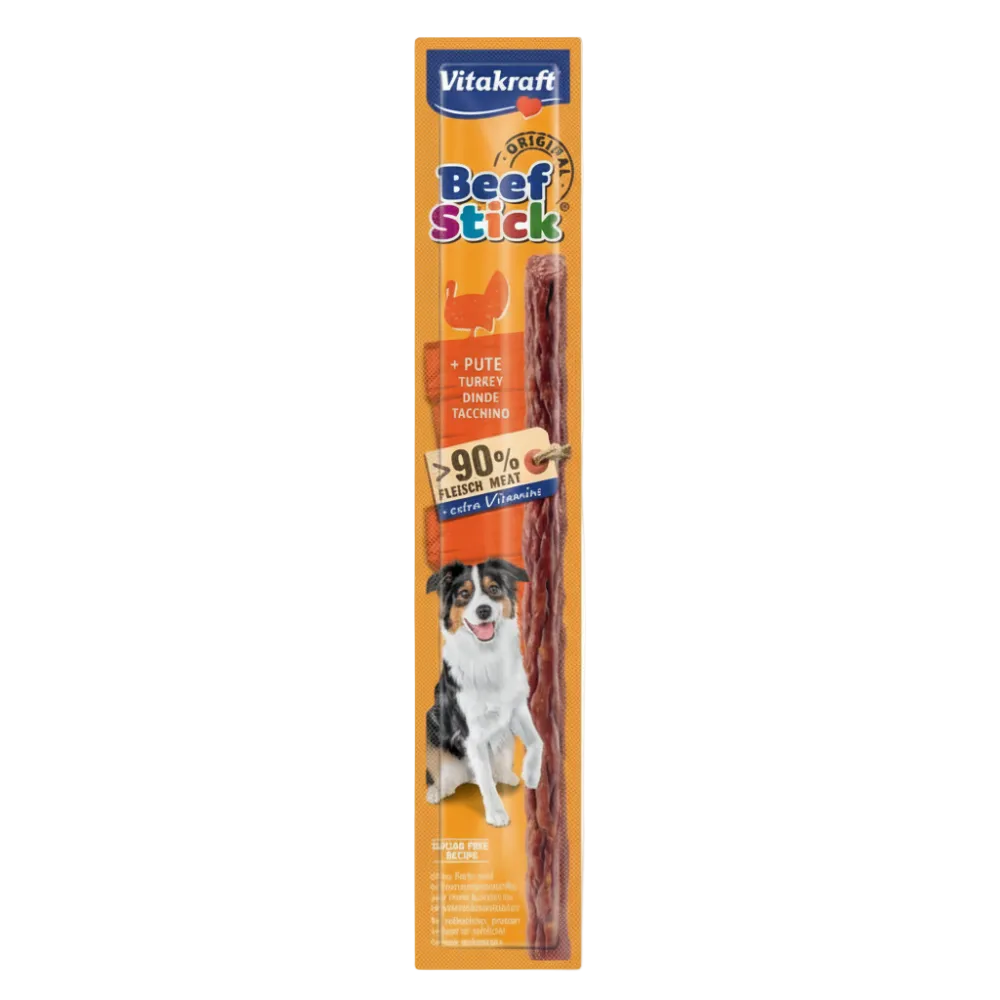 Vitakraft Beef Stick for dogs on an orange background