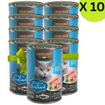 Packaging of Leonardo cat food cans with a green bow, labeled 'X 10'.