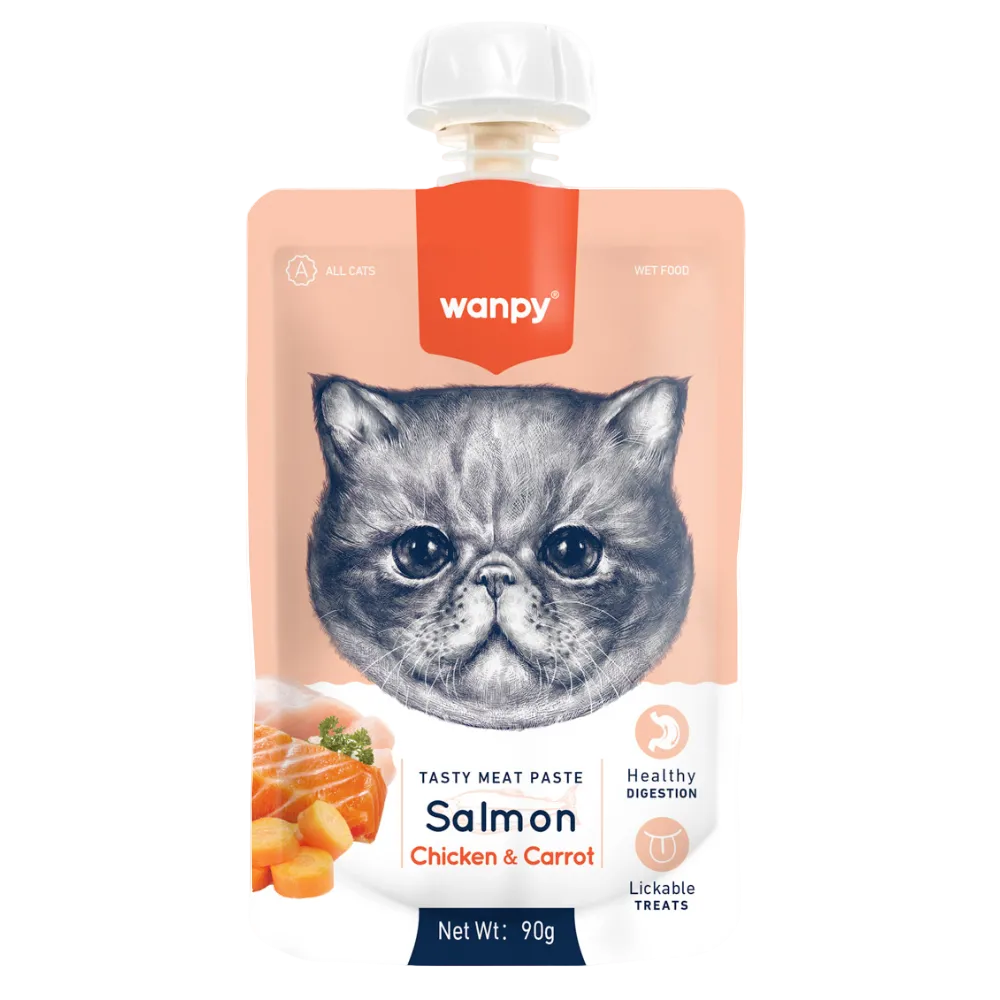 Wanpy cat food pouch with salmon, chicken, and carrot ingredients on a white background