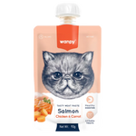 Wanpy cat food pouch with salmon, chicken, and carrot ingredients on a white background