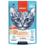 Wanpy kitten food pouch with a cat's face on the packaging, featuring salmon and tuna stew.