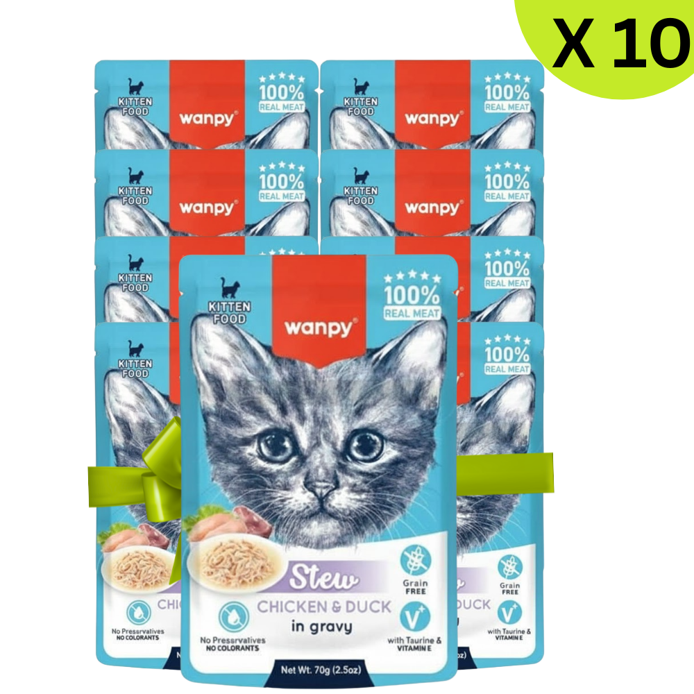 Pack of 10 Wanpy kitten food pouches with a cat's face on the front.