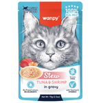 Wanpy cat food pouch with a cat's face on the label, featuring tuna and shrimp in gravy.