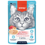 Wanpy cat food pouch with a cat's face on the label, featuring tuna and shrimp in gravy.