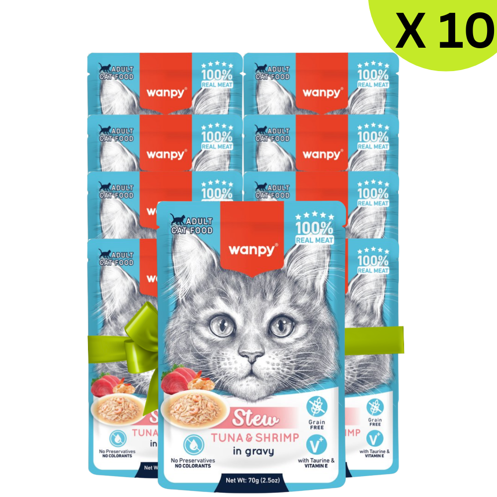 Packaging of wanpy cat food packets with a cat illustration on a white background