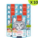 Packaging of wanpy cat food packets with a cat illustration on a white background