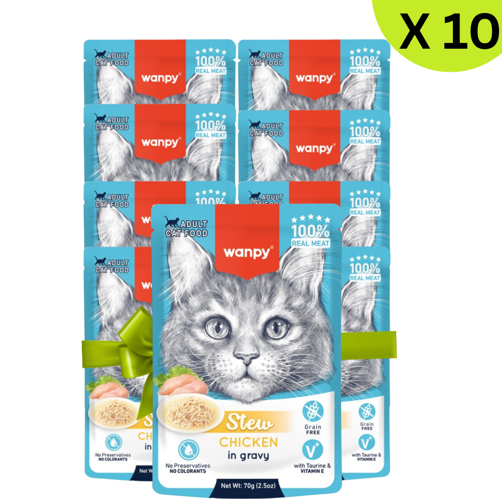Packaging of Wanpy cat food packets with a cat face illustration on a white background