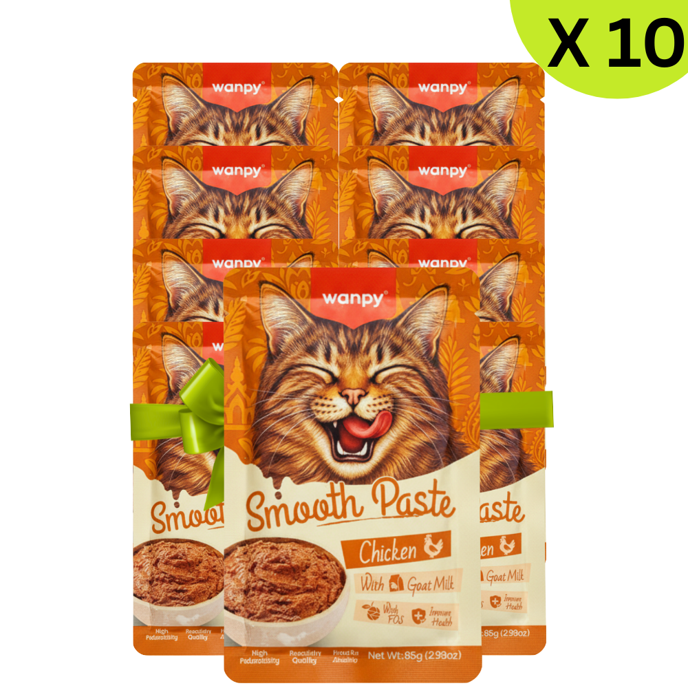 Packaging of wanpy Smooth Paste Chicken with Goat Milk for cats, showing 10 packages.