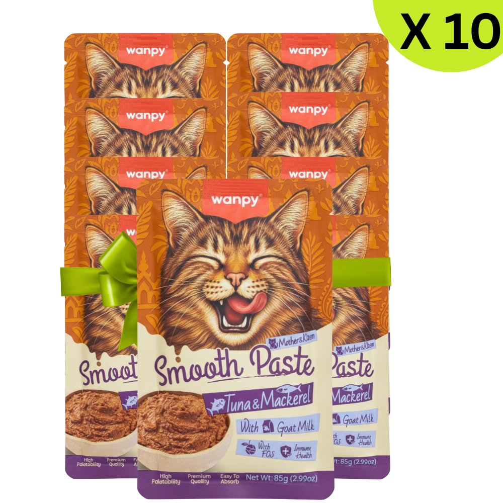 Packaging of wanpy cat food with a smiling cat illustration on a white background