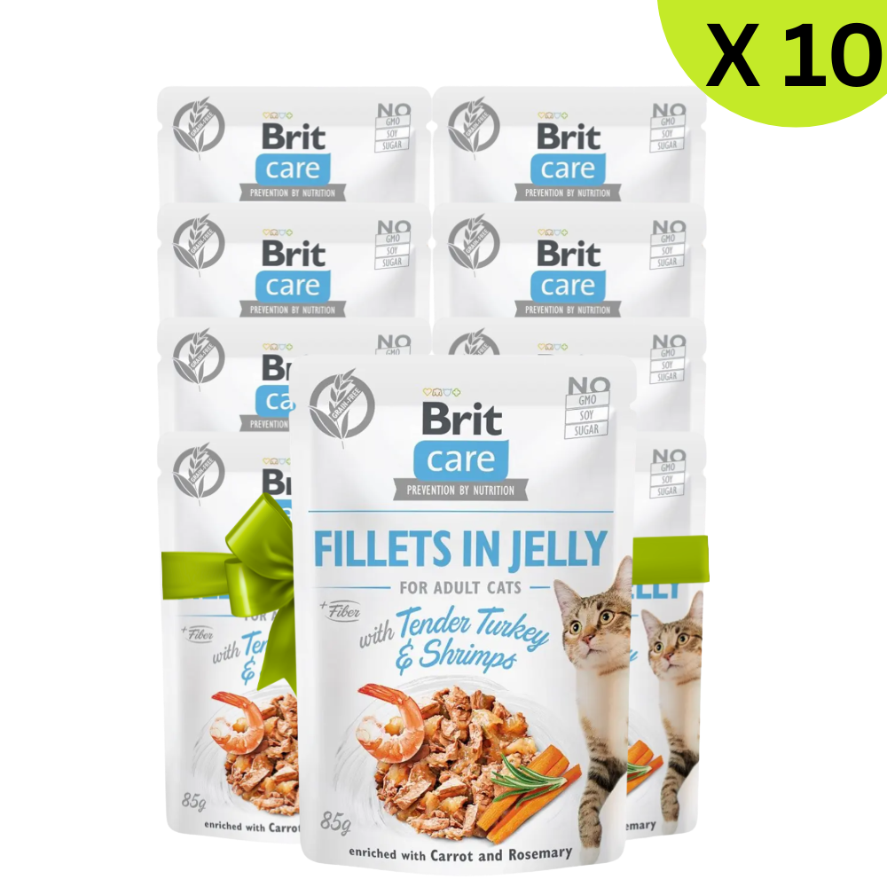 Packaging of Brit Care cat food with a green ribbon on a white background