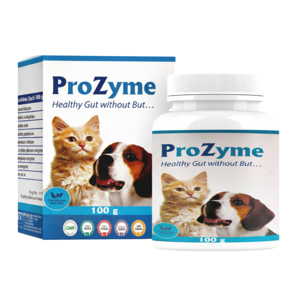 ProZyme pet supplement packaging with a cat and dog illustration on a white background
