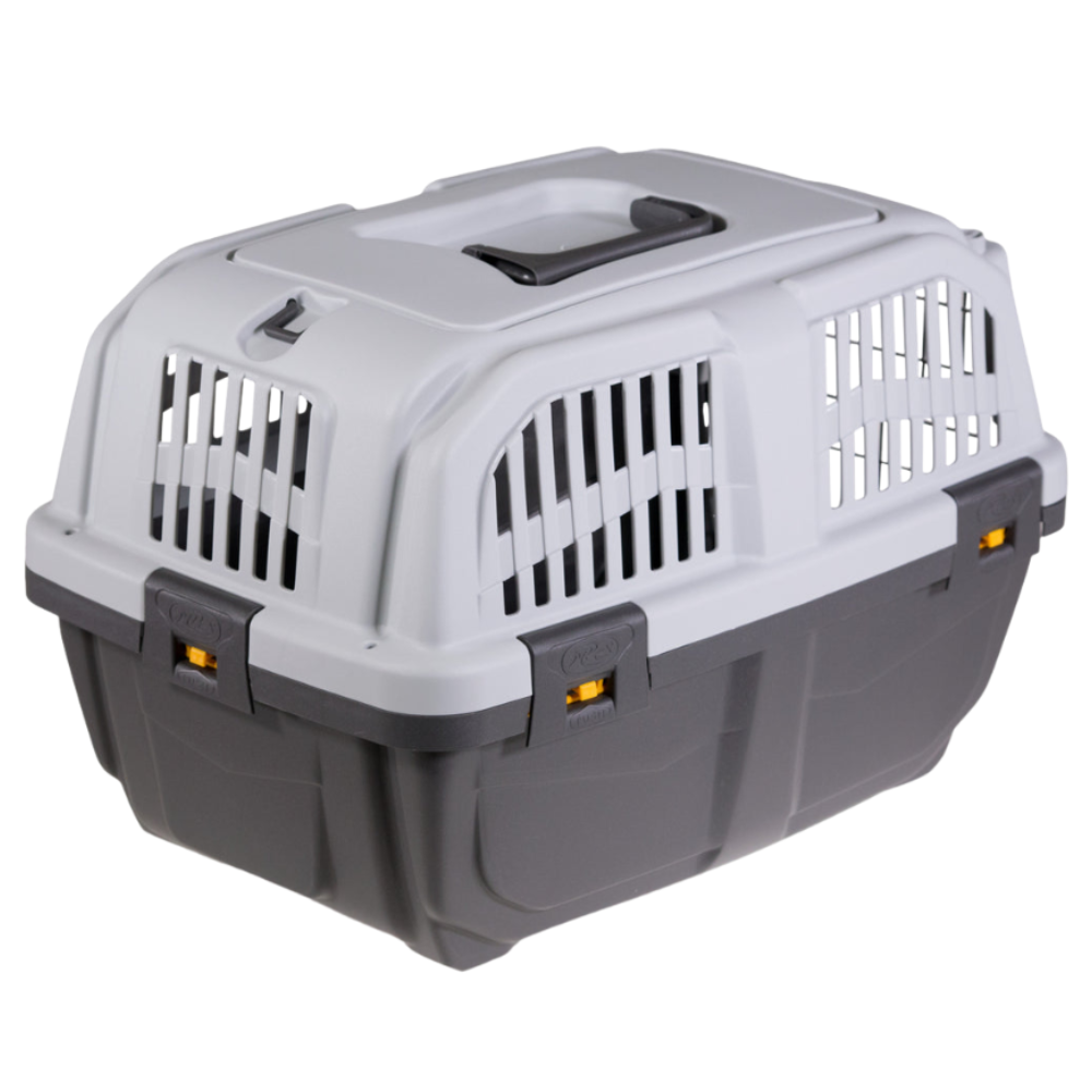 Pet carrier with gray and white design on a white background