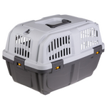 Pet carrier with gray and white design on a white background