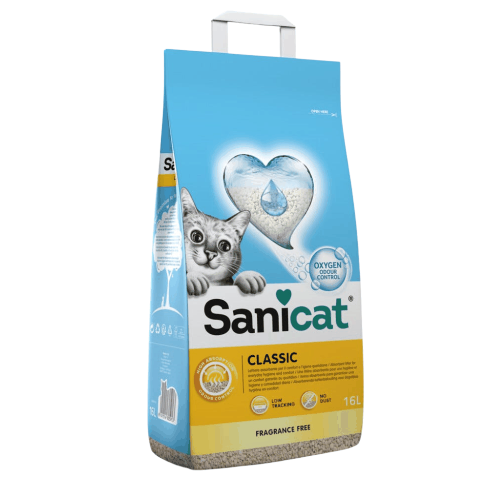 Bag of Sanicat cat litter with a blue and yellow label on a white background