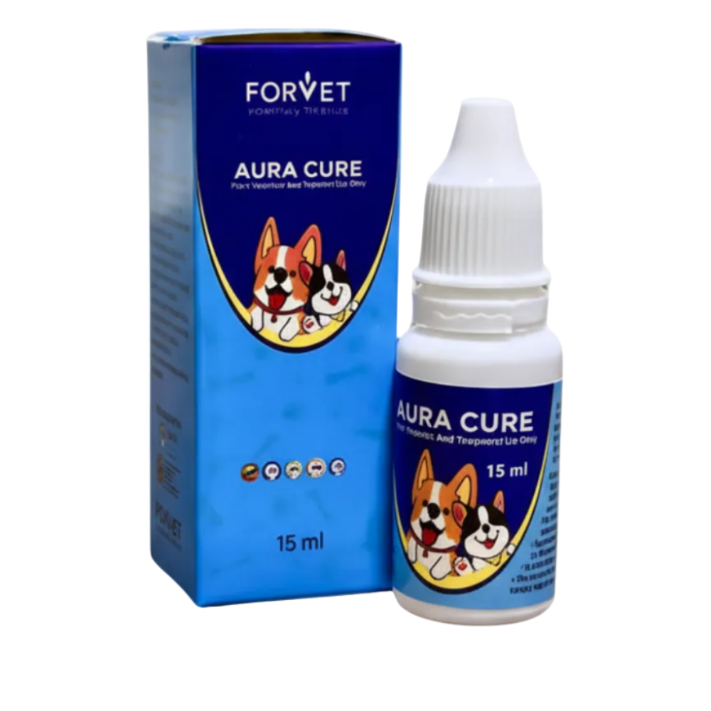 Aura Cure pet supplement bottle and packaging on a white background