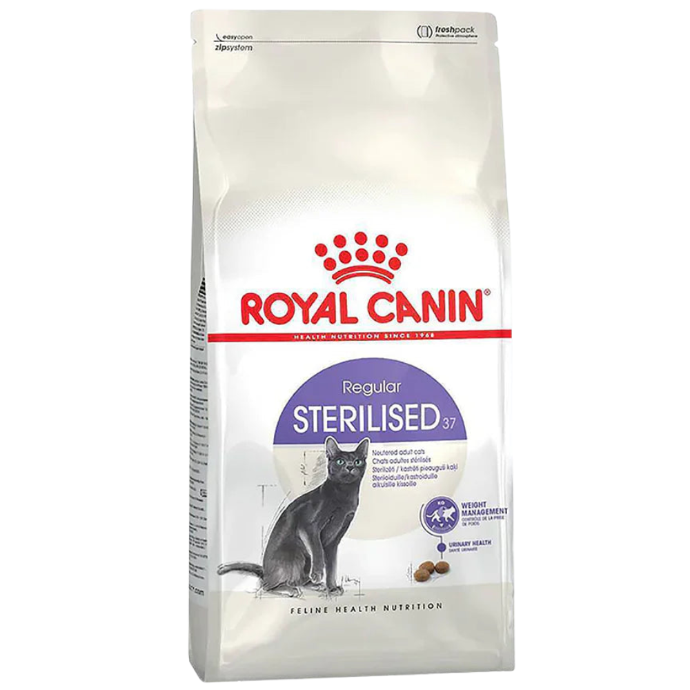 Royal Canin cat food package for sterilised cats on a white background
