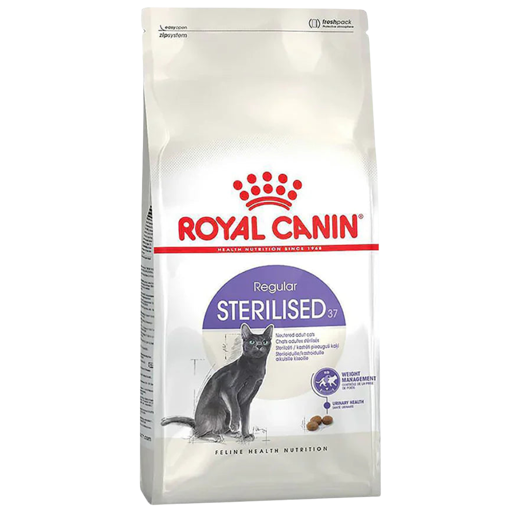Royal Canin cat food package for sterilised cats on a white background