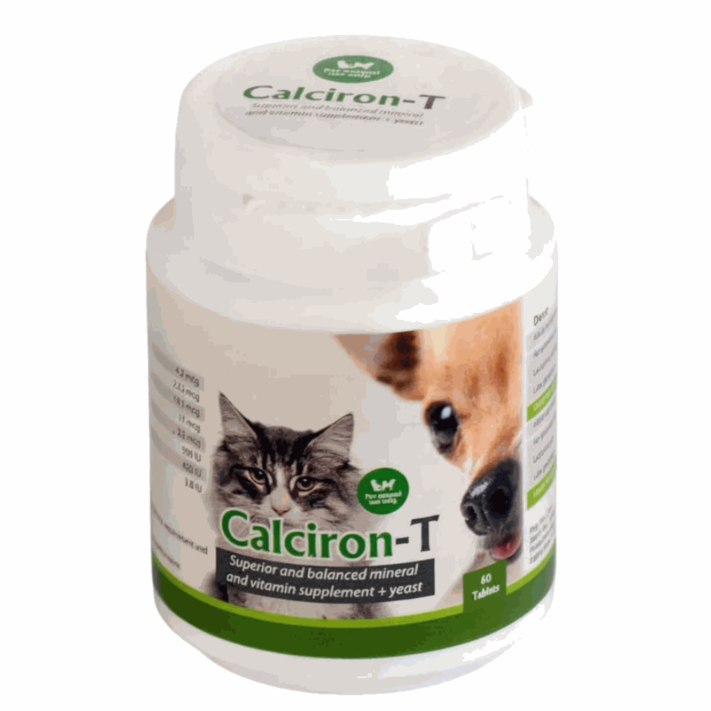 Supplement container for pets with a cat and dog on the label