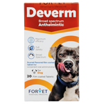 Deverm broad spectrum anthelmintic for dogs packaging with a dog on the box.
