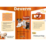 Deverm product packaging for dogs with text and images of dogs on an orange background