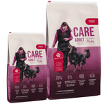 Two packages of mera Care Adult dog food with a woman and dog on the packaging.