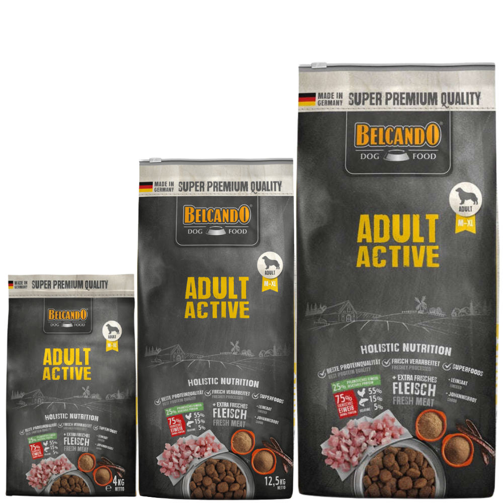 Belcando dog food packages for adult active dogs on a white background