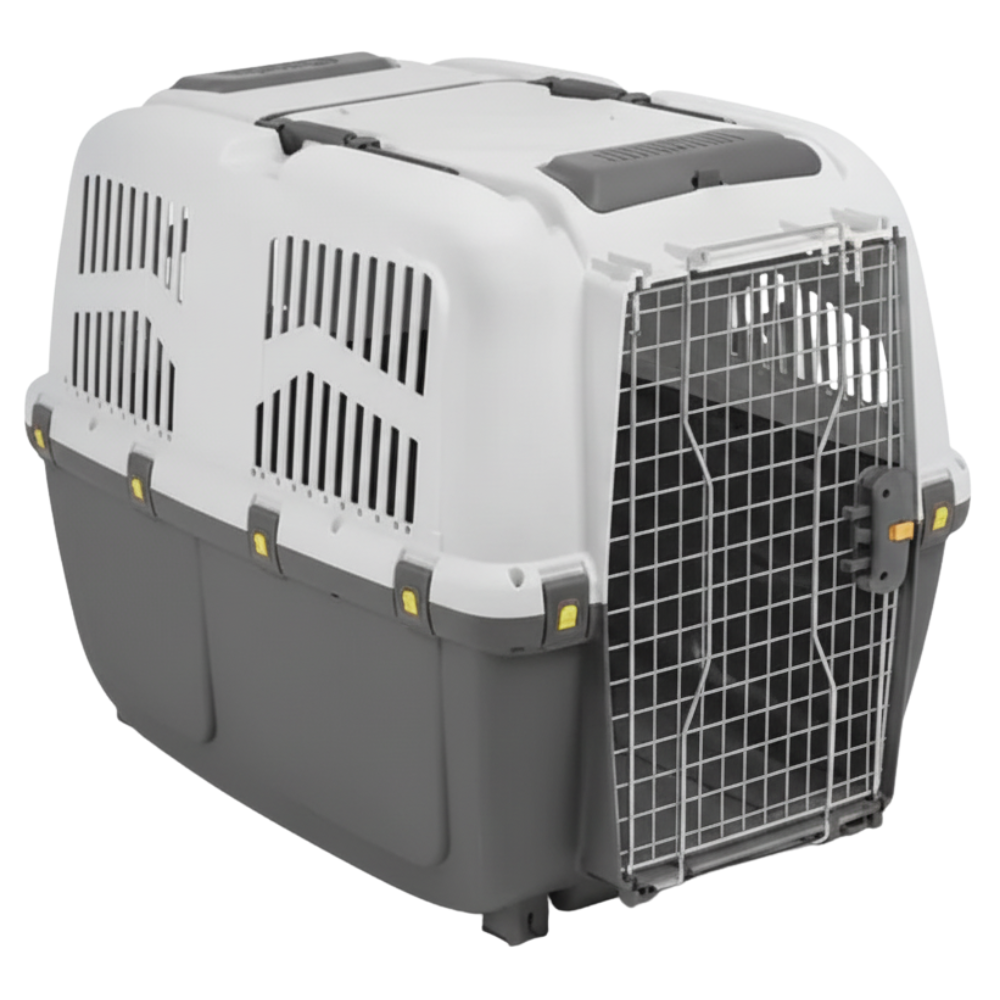 Pet carrier with a gray and white color scheme on a white background